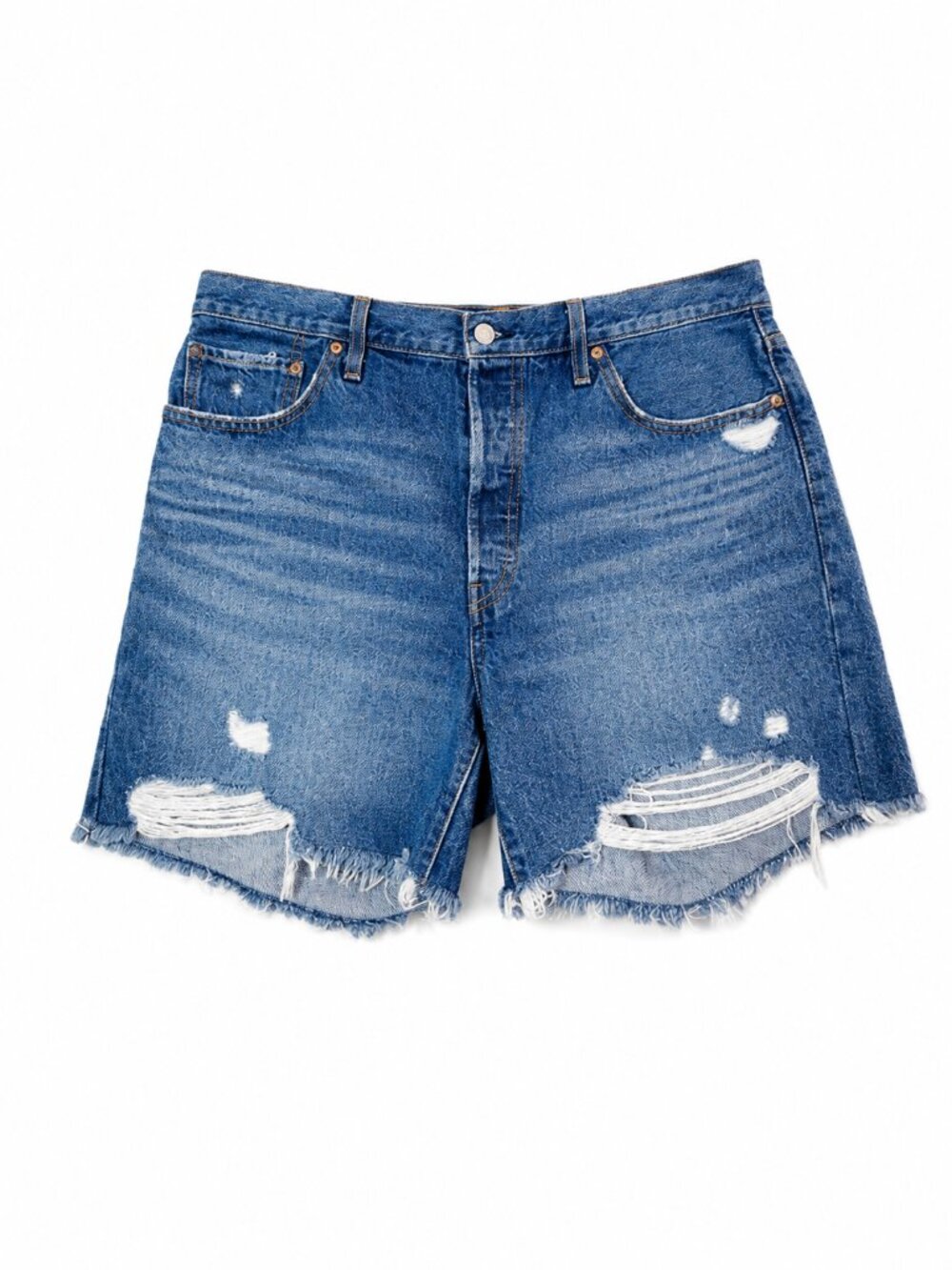 Levi’s 501 Women Denim Shorts W34 Blue Distressed Frayed Cutoff Button Fly
